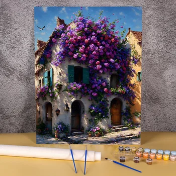 Peinture acrylique par numéros avec fleurs, image de paysage de maison, peinture à l'huile peinte à la main, cadeau GT, décoration d'intérieur, art mural 1