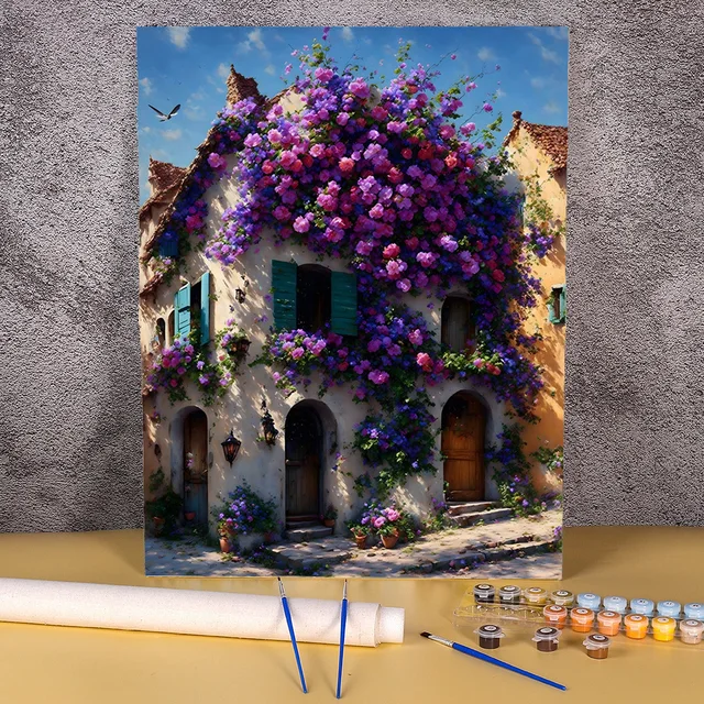 Peinture acrylique par numéros avec fleurs, image de paysage de maison, peinture à l'huile peinte à la main, cadeau GT, décoration d'intérieur, art mural 1