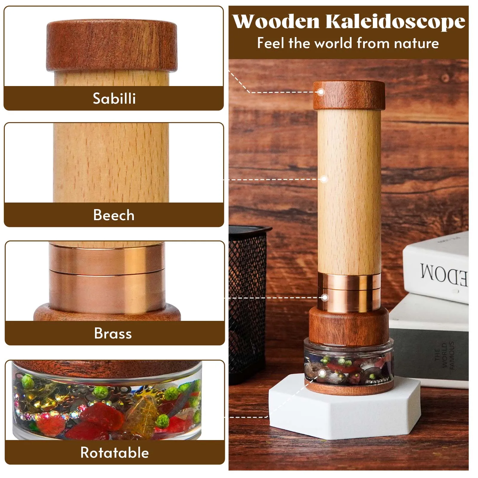 Growth Rings Wooden Nature Kaleidoscope Kit Tunnel Screen Effect Rotatable Oil-Filled Core Box Vintage Gift Box Anniversary Birt