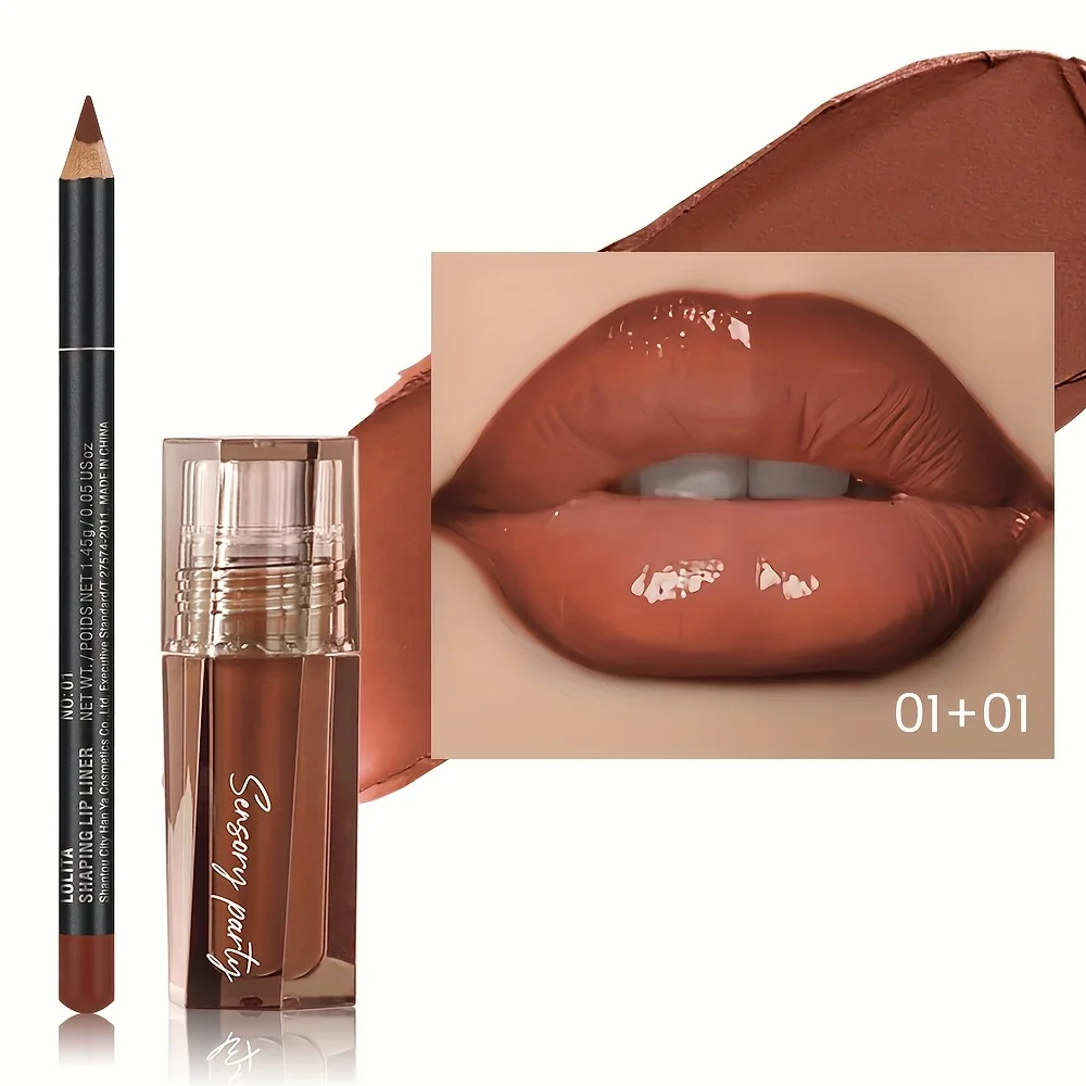 Kit de Gloss Labial Hidratante + Lápis de Contorno Labial 3D de Precisão, Aparência Volumosa, Alto Brilho, Resistente a Borrões_voghion.com