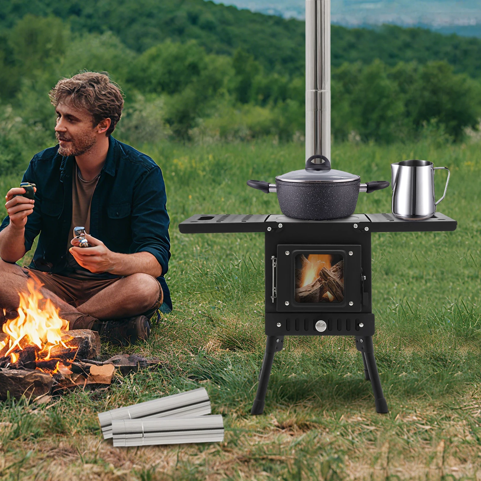 Holzkohle Klappkocher aus Edelstahl – Tragbarer Campinggrill