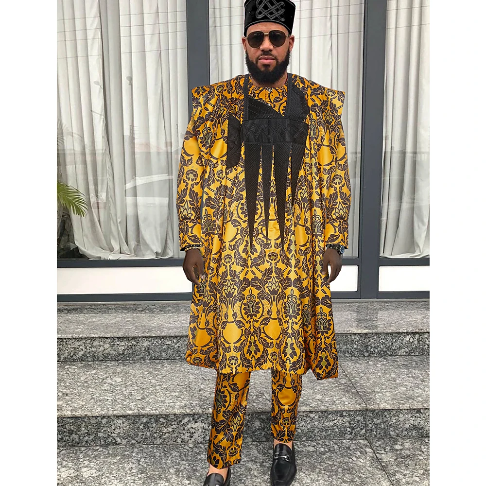 

H&D New African Clothes for Men Suit tradition Embroidery printing Clothing shirt pants 3 PCS Set Wedding Party Dress Agbada