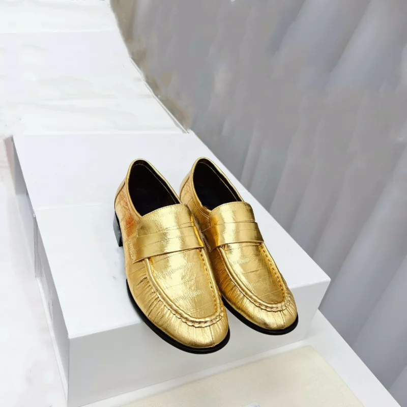 New genuine leather loafers, eel skin flat bottomed small leather shoes, fashionable low heels, versatile shoes for women