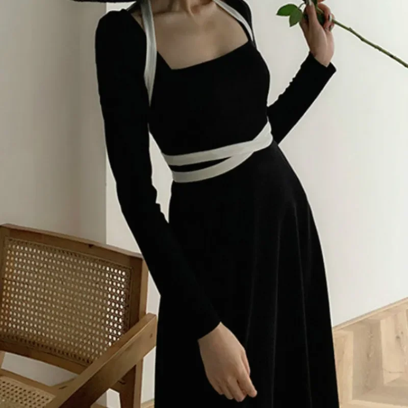 

New Women Autumn Black Elegant Dress Winter Office Lady French Bandage Square Collar Fashion One-piece Solid Party Maxi Dress