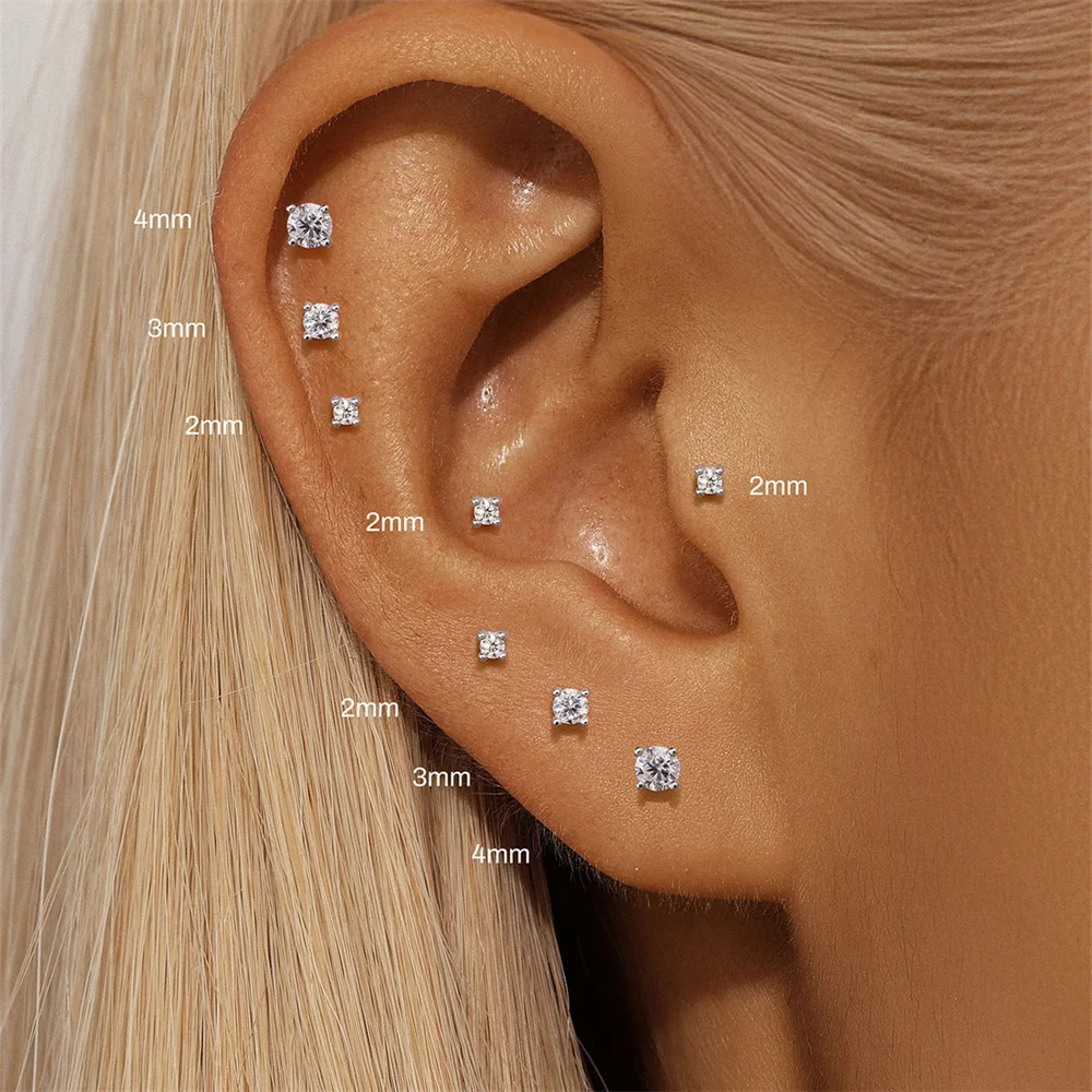 CANNER 4-Prong Moissanite Threaded Cartilage 925 Sterling Silver Stud Earrings For Women Ins Piercing Jewelry Gift 1PC 2/3/4mm