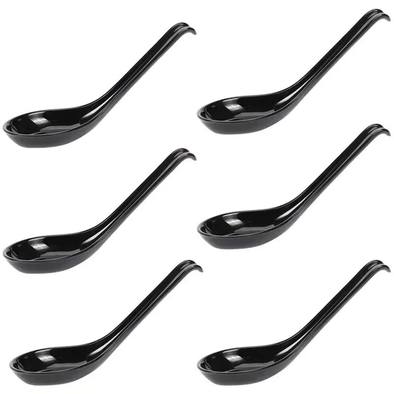 6pcs Hotel Black Soup Spoon Hook Kitchen Long Handle Spoon Imitation Porcelain Plastic Lamian Noodles Household Accessories