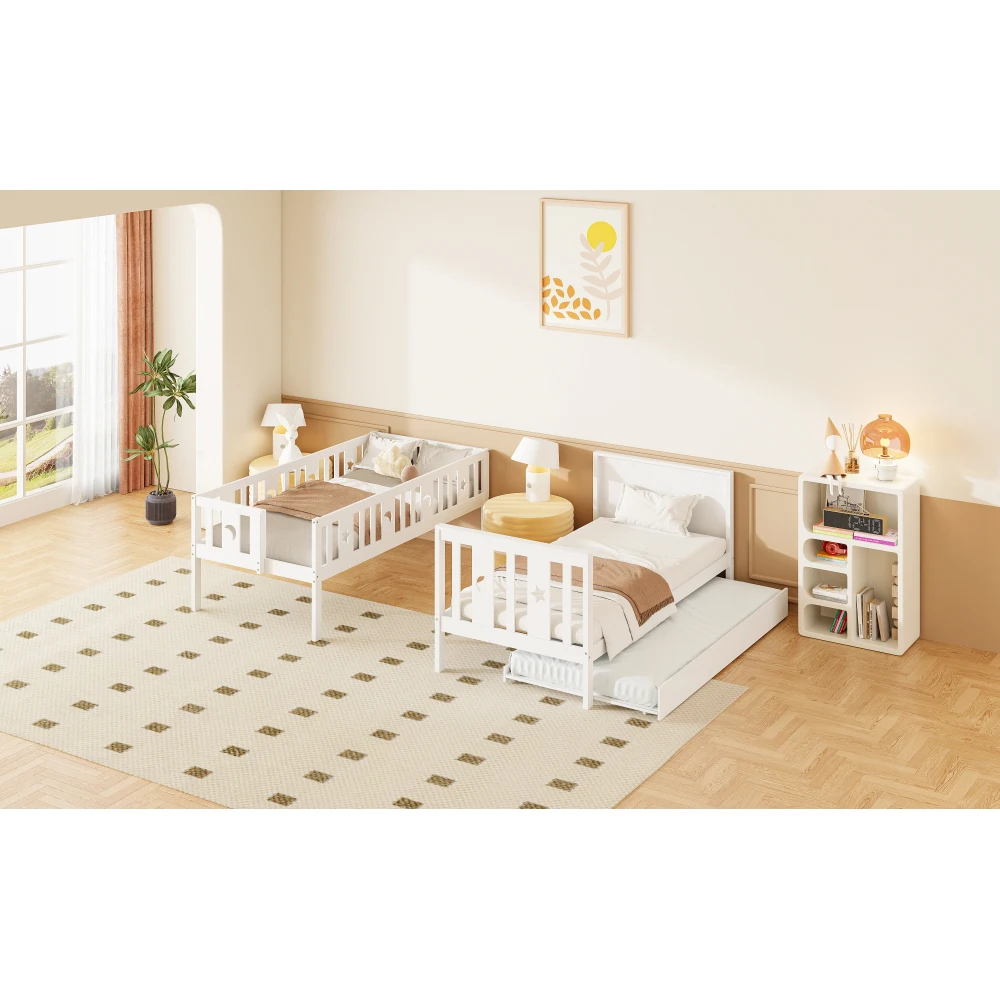 Kinderbett 90*200cm, Etagenbett aus Massivholz mit Sicherheitstreppe, Stauraumtreppe, zwei große Schubladen und Gitter, Weiß – Detail 26