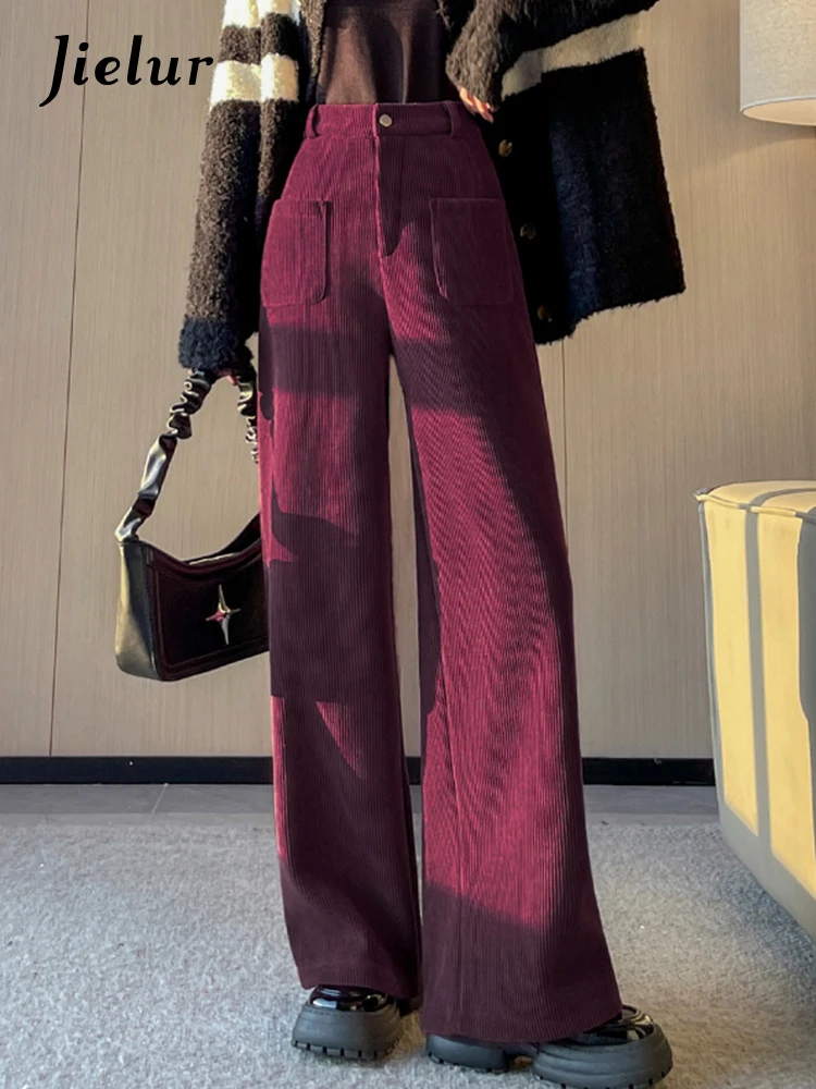 Jielur Casual High Waist Straight Female Wide Leg Pants Solid Color Simple Zipper Button Loose Fashion Women's Pants Office Lady