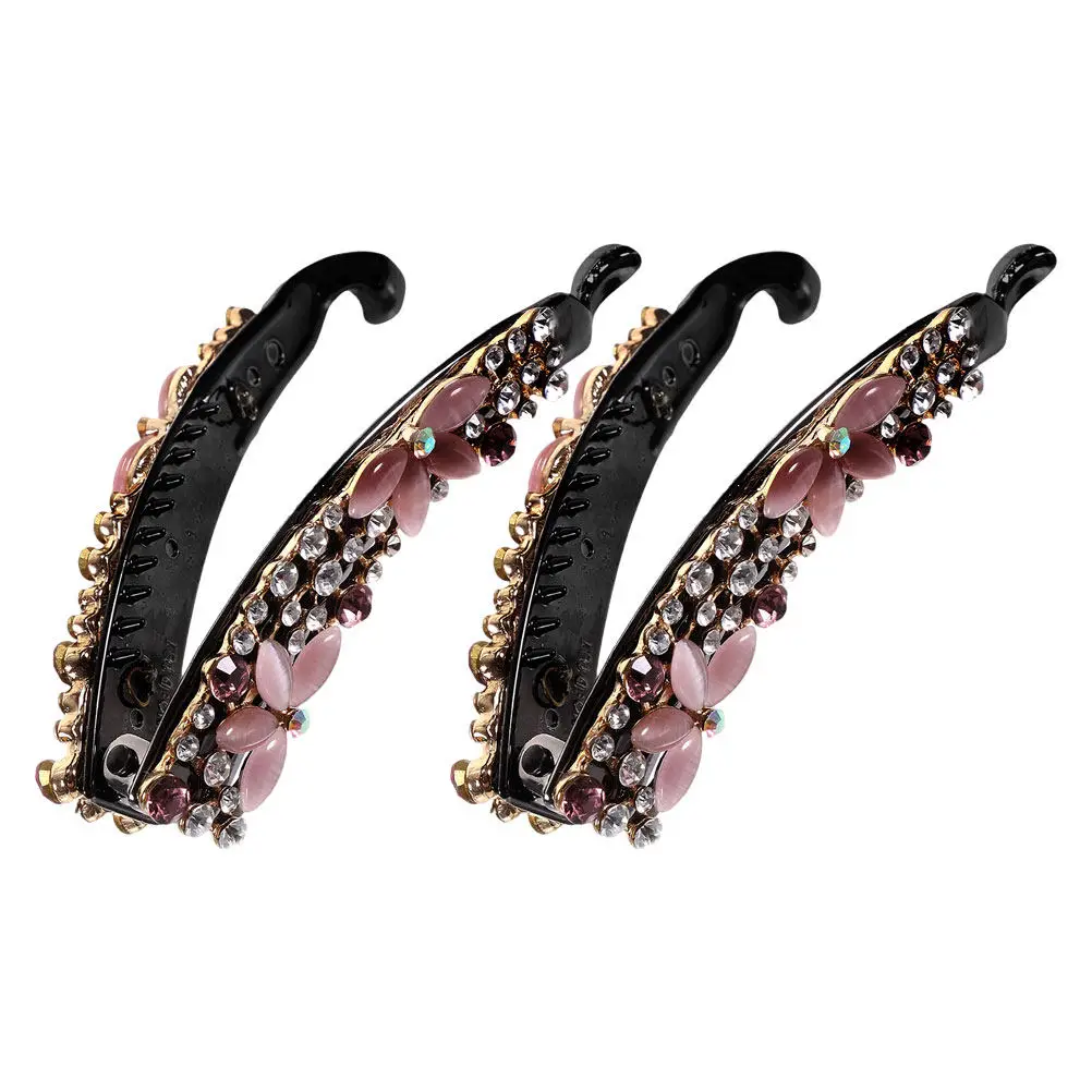 2Pcs 라인스톤 바나나 클립 헤어 액세서리 여성용 경량 합금 스타일링 클램프 두꺼운 곱슬머리 파티 웨딩 일상용