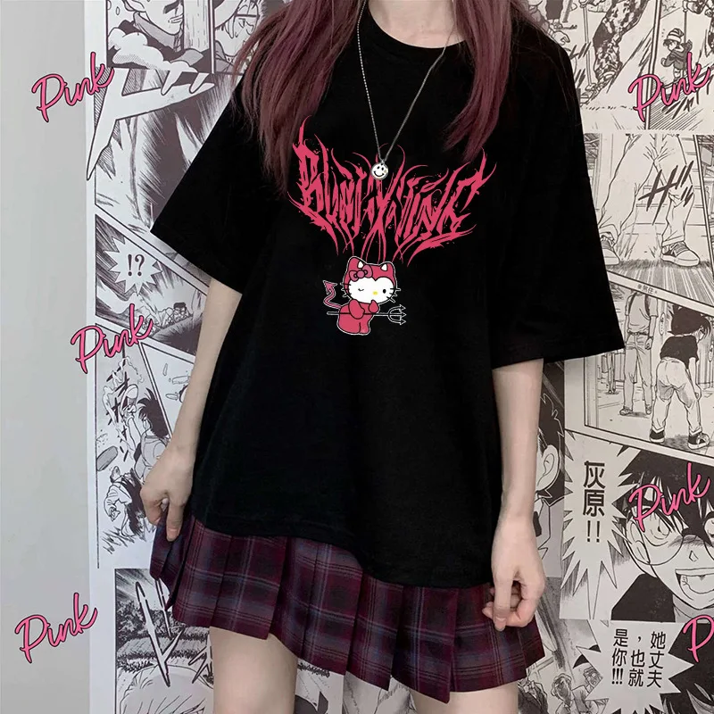 Kawaii Polyester Kuromi My Melody Cinnamorol Hello Kitty Y2K T-Shirt Street  Aesthetic T-Shirt Bratz Leisure Relaxed T-Shirt