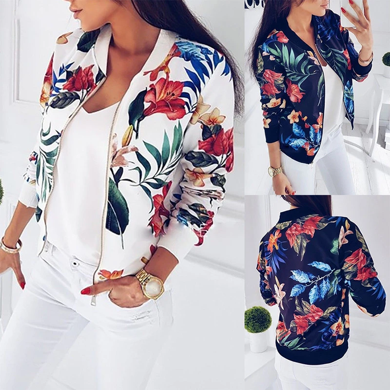 black parka Print Bomber Jacket Women Flowers Zipper Up Retro Slim Coat 2019 Autumn Long Sleeve Basic Plus Size Short Biker Jackets Female down coats