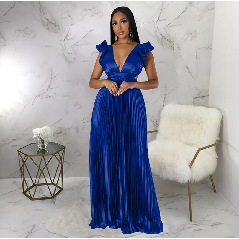 Women Solid Backless Elegant Long Dresses V-neck Pleated A-line Sexy Frock 2023 Spring Summer Evening Party Casual Style Dress