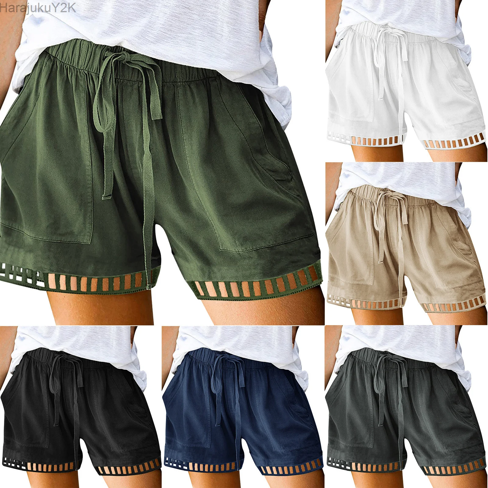 

6 Colors Casual Women Short Pants Simple Drawstring Pockets Summer Elastic Waist Loose Home Streetwear Ladies Pant