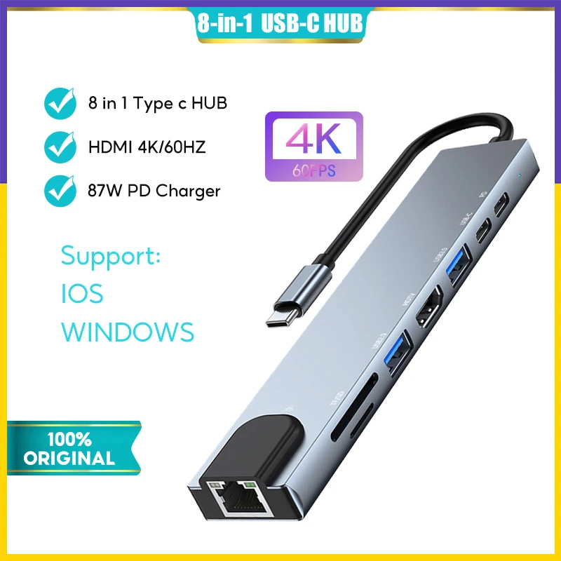 

USB-хаб 8 в 1, RJ45, HDMI, 4K, USB 3,0, 87 Вт
