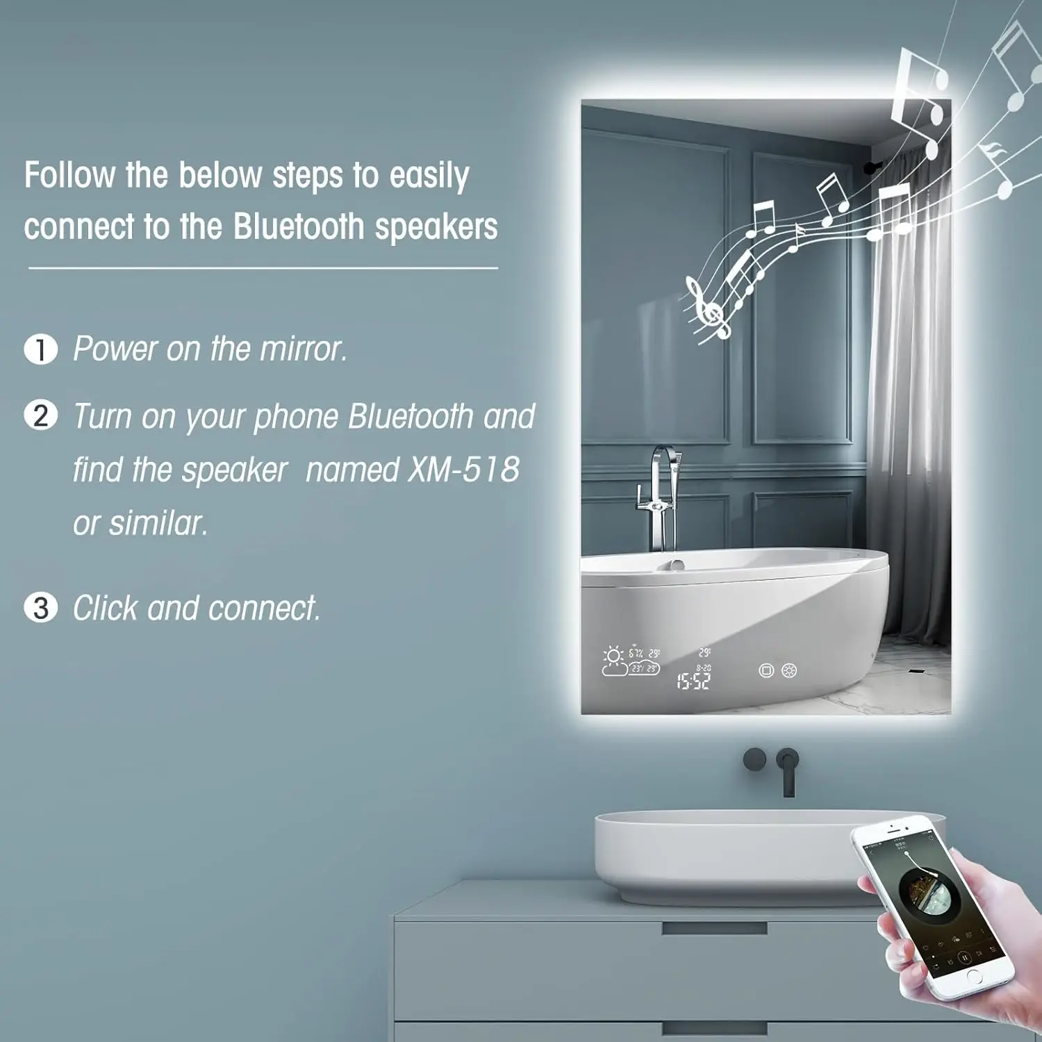 Smart Bathroom Mirror with Bluetooth 24&rdquo;X 40&rdquo; WiFi Enabled Weather Display Fog Free Backlit Frameless Brightness Adjust Memory