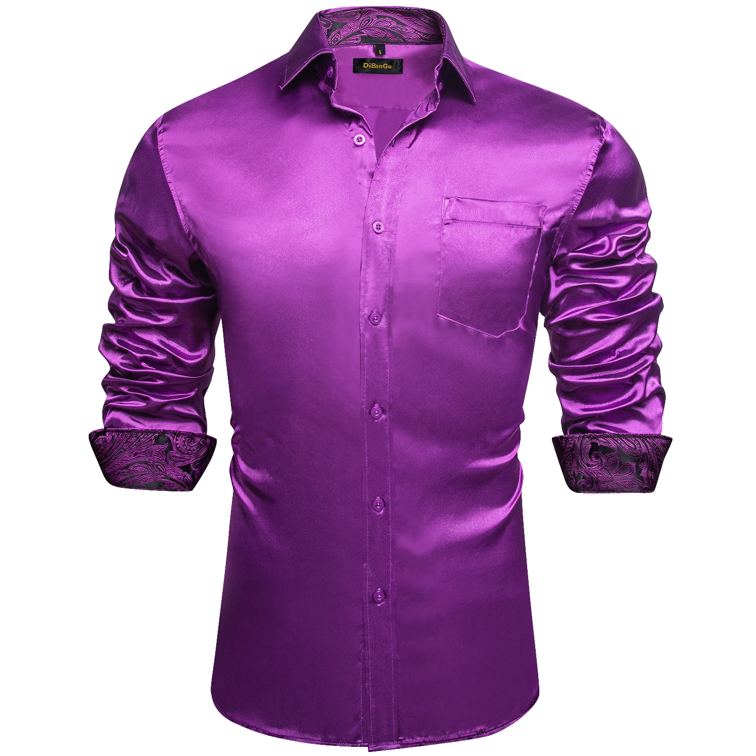 Men's Purple Satin Luxury Dress Shirts Silk Smooth Soild Wedding Party Social Tuxedo Prom Shirt Long Sleeve Top Casual Men Cloth
