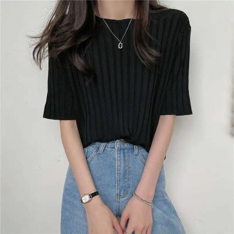 Classic V-neck Short Sleeve Stripe T-shirts Women Simple Harajuku Bf  Knitted Pullover Top Summer All-match Preppy Style T Shirt - T-shirts -  AliExpress