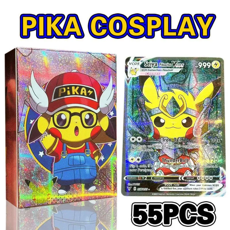55pcs/set Pikachus Kawaii Cos English Collection Battle Trainer Card Board Game Cards Birthday Party Gifts Toys 6