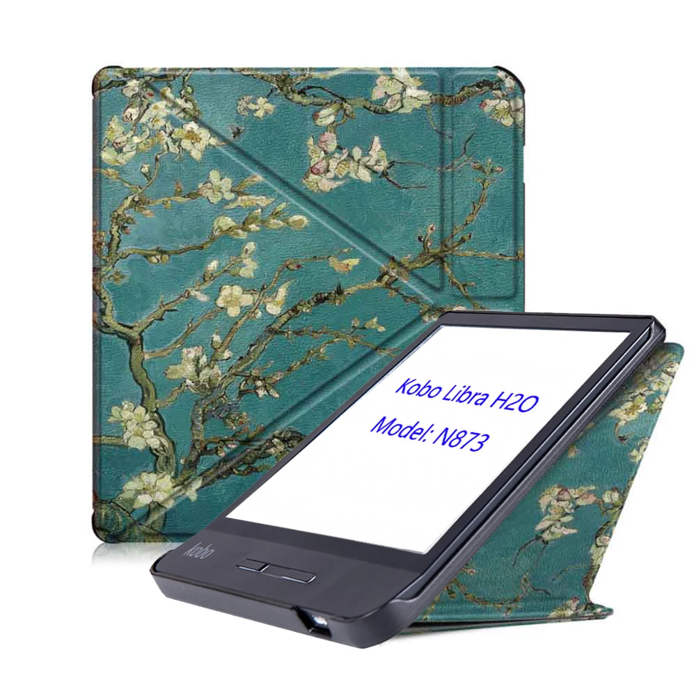 Stand Case para Kobo Libra H2o Ereader Ebook Bolsa de Bolso Couro Premium Origami Multiângulo Modelo N873 Capa Protetora
