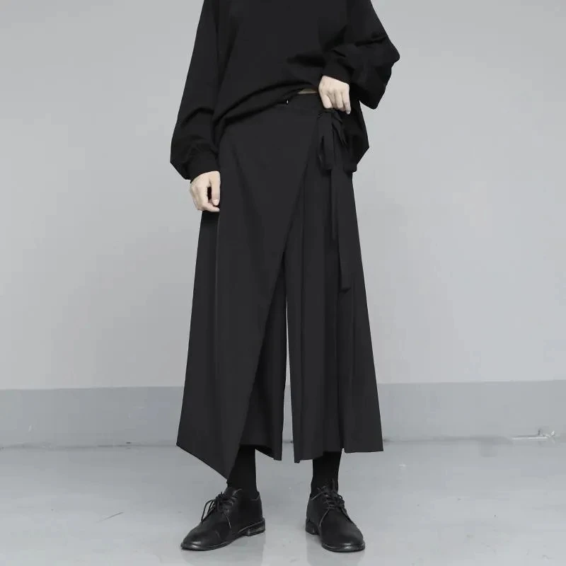 Spring Autumn New False Two-piece Skirt Pants Black Wide-leg Pant Elastic Waist Straps Women 2024 Irregular Casual Cropped Pants 5