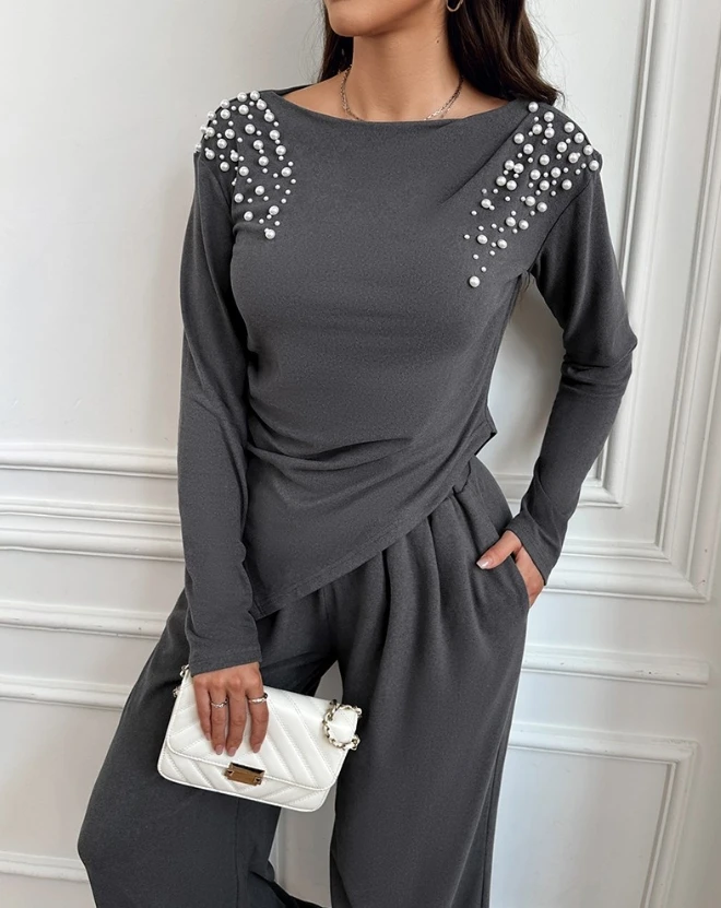 

Two Piece Sets Women Outfits Tracksuit 2023 Autumn Winter Round Neck Beaded Hanky Hem Long Sleeve Top & Wide Leg Pants Set