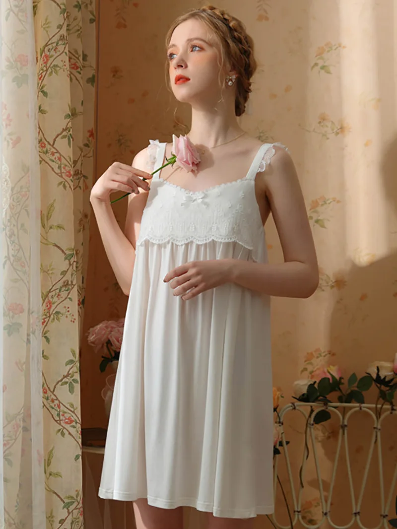 Sexy Lace Backless Victorian Nightgowns Women Summer Princess Nightdress  Sleeveless Knitting Cotton Sweet Lolita Home Clothes