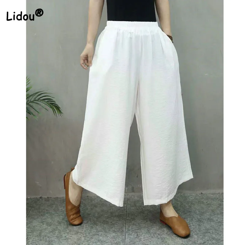 Casual Simplicity Women's Elastic Waist Wide Leg Cropped Pants All-match Fashion Solid Color Trousers Summer Female Clothing