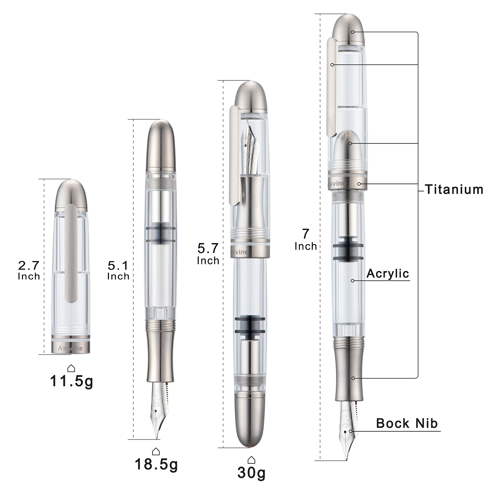 Asvine P36 penna stilografica con riempimento a pistone Bock / Asvine EF/F/M Nib, penna regalo per ufficio con scrittura liscia in titanio e acrilico