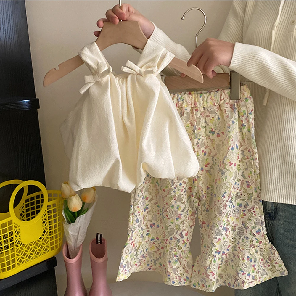 

2-8Y Kids Girls Clothing Sets White Bow Strap Loose Crop Tops+High Waist Contrast Color Hollow Out Lace Floral Wide Leg Pants