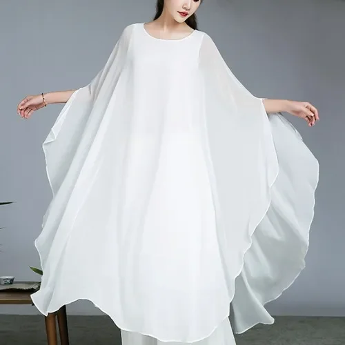 Girl Three Layers Chiffon Tea Suit Zen Suit Wide Leg Pants Set Buddhist Meditation National Style Dance Dress chinese traditional costume