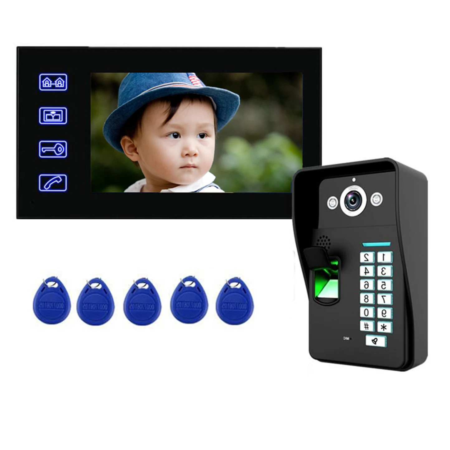 

Проводной 7-дюймовый ЖК-видеодомофон со сканером отпечатков пальцев, система внутренней связи с 1 камерой, 1 монитором