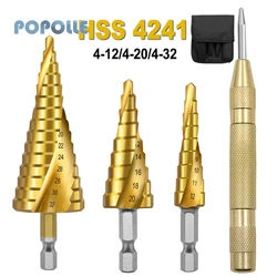 Broca de aço de alta velocidade do cone de trituração do furo do metal do perfurador do centro 4 12 4 20 4 32 + broca titanium espiral sextavada da liga da pata