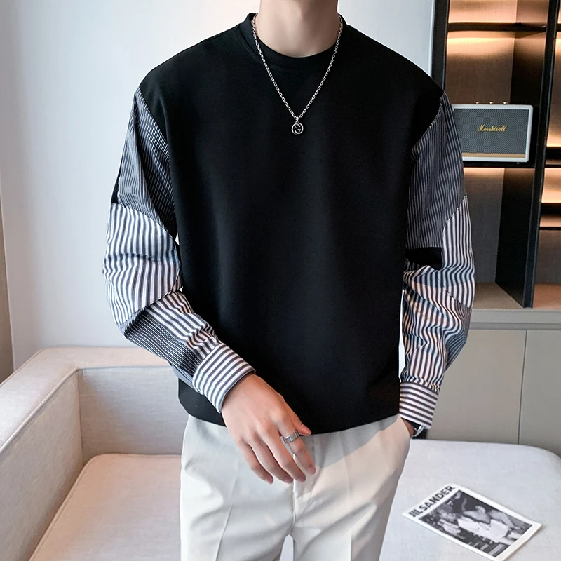 2023 New Arrival Retro Patchwork Fake Two Piece Fall Spring Casual  Long Sleeve Men Clothes Loose Trendy Fashion Oversized Tops