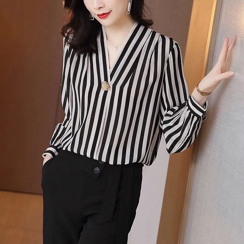 2022 Stripe Office Wear Chiffon Profession Blouses Temperament Fashion Woman Urban Top with Sleeves Ladies Aesthetic Basic Shirt show thin fashion wide legged pants suit the new during the spring and autumn 2022 ladies leisure two piece with short sleeves