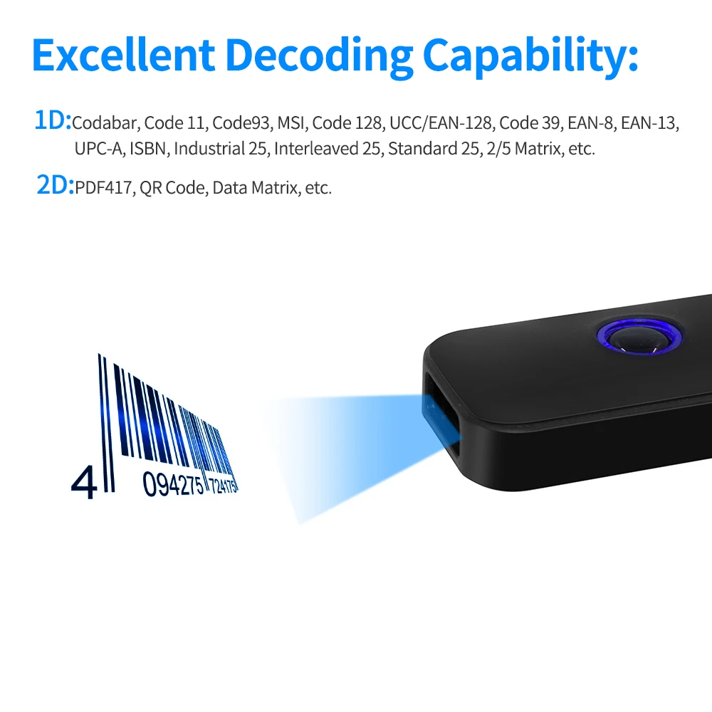 Handheld 3-in-1 Barcode Scanner 1D Bar Code Reader Support BT & 2.4G Wireless & USB Wired Connection Compatible with Windows