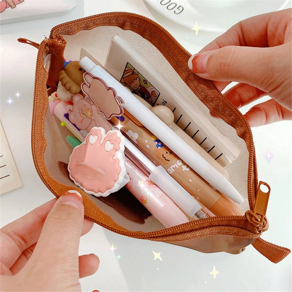 Cute Bear Transparent Mesh Pencil Case Ins Portable Toiletry Makeup Pencil Bag Stationery Gift School Pencil Box Crafts Supplies