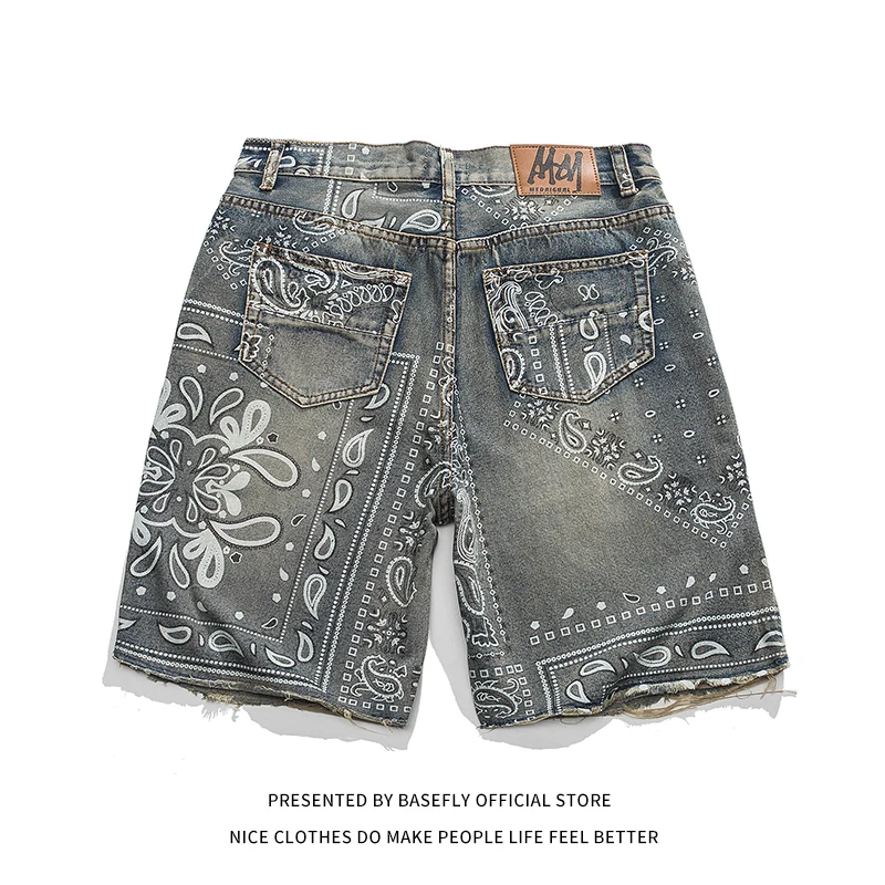 Spring Summer Tassels Paisley Bandanna High Street Men Short Denim Pants Unisex Women Jogger Trousers Short Bottom Couple Chic