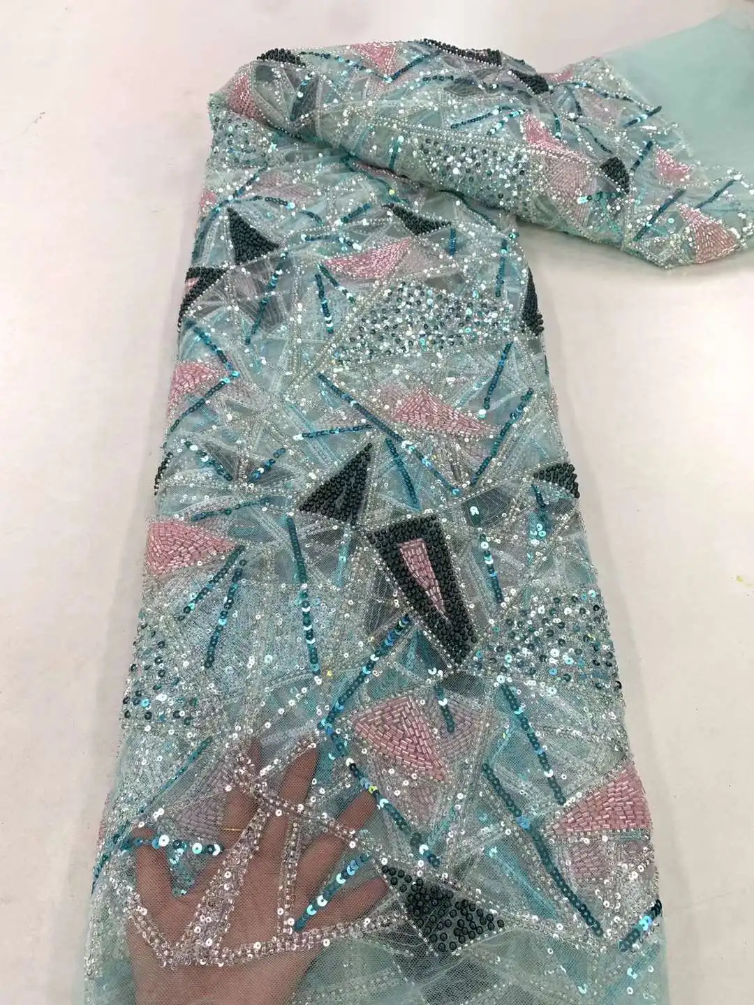 

France High-End Handmade Beaded Lace Fabric Nigerian Embroidery 3D pearl Sequins Mesh Lace Fabric For Wedding Dress