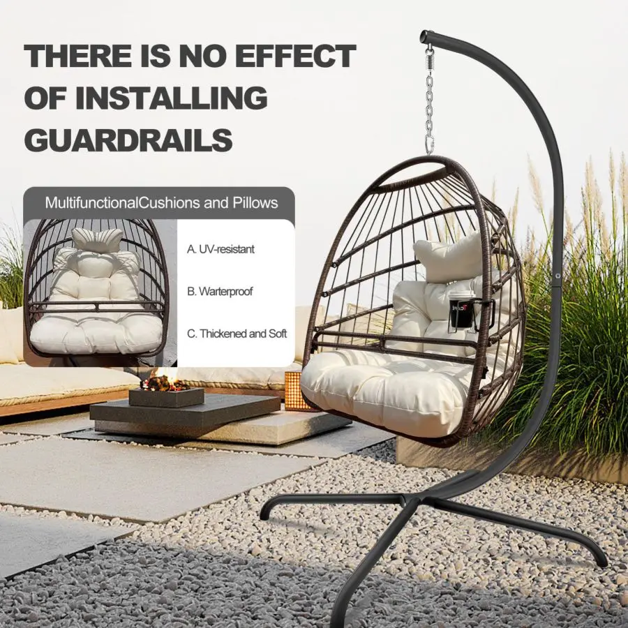 Swing Egg Chair with Stand Indoor Outdoor Wicker Rattan Patio Basket Hanging Chair with C Type bracket with cushion and pillow 6