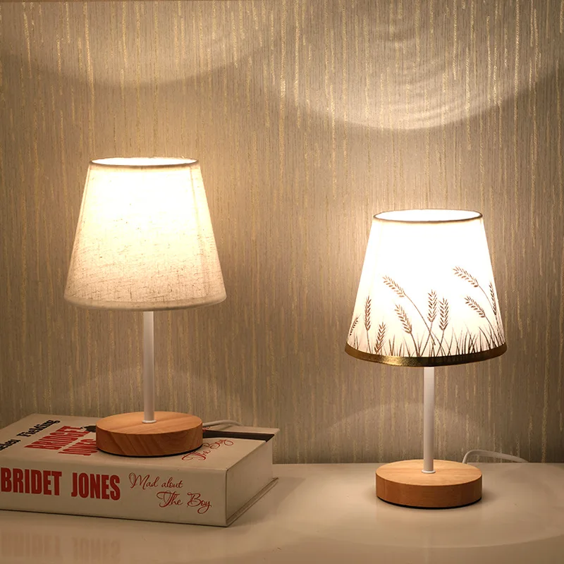 

Solid Wood Fabric Decorative Table Lamp Bedroom Bedside Lamp Simple Creative Small Night Light Led Hotel Bar Bedroom Desk Lamps