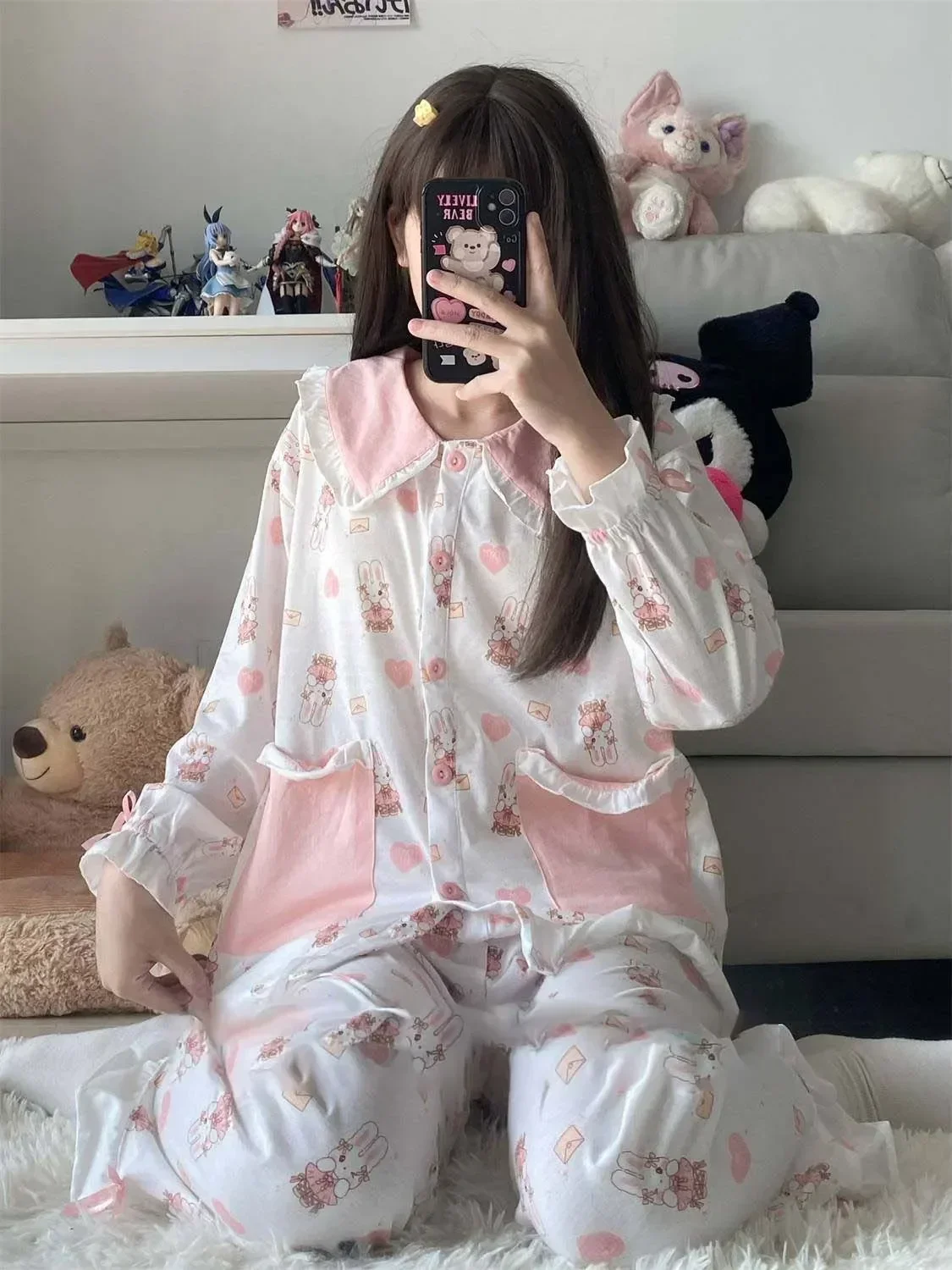 

Пижама женская розовая из 2 предметов, одежда для сна на завязках, свободная пижама с принтом кролика, брюки с рукавом