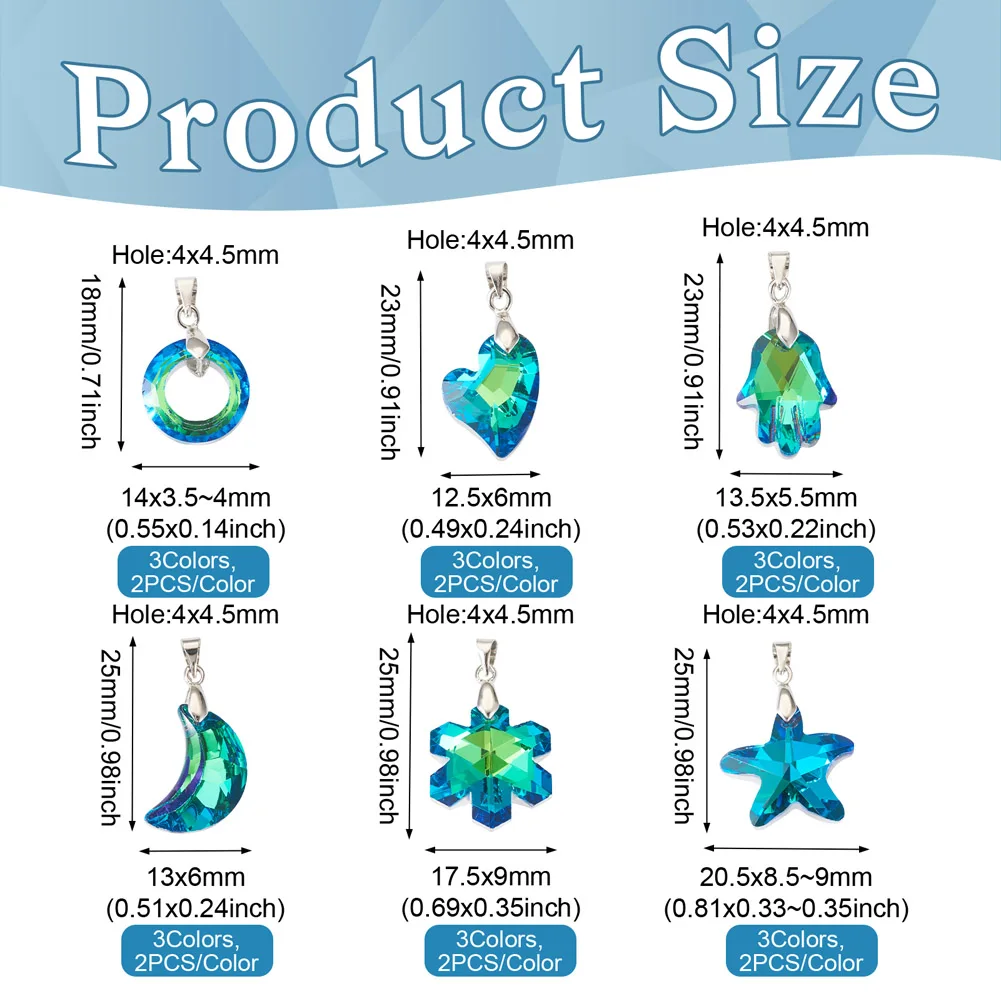 36pcs Mixed Electroplate Glass Pendants Starfish Donut Moon Hand Glass Charms for Earrings Necklace DIY Jewelry Making Findings