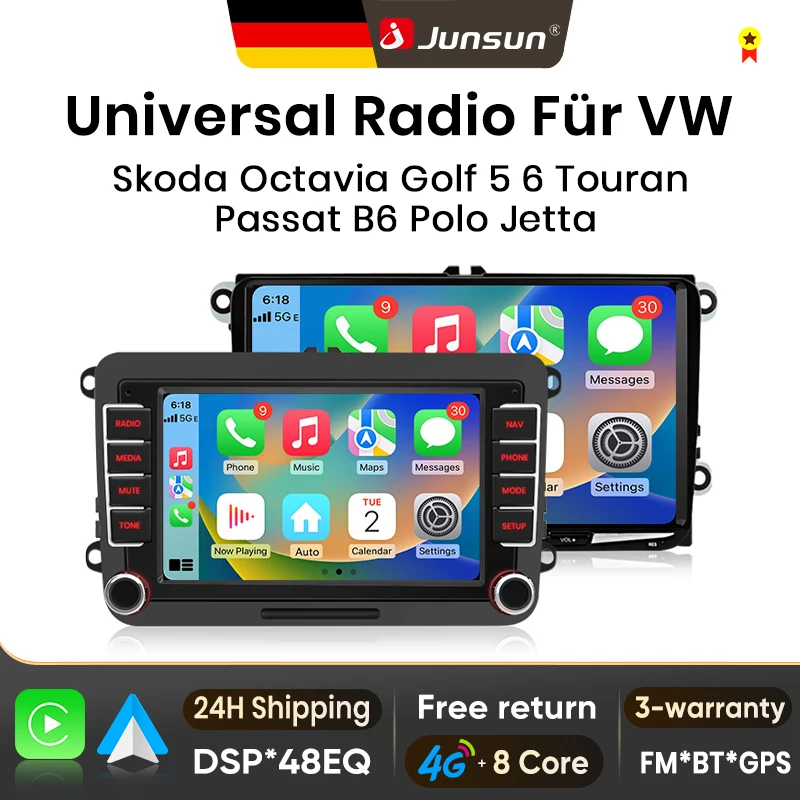 Radio para coche Junsun de 7" y 9" con Android para VW Volkswagen Skoda Octavia Golf 5 6 Touran Passat B6 Polo Jetta, inalámbrico para Apple CarPlay, pantalla IPS, reproductor de vídeo multimedia estéreo, sistemas inteligentes para automóvil, 2 Din, autorradio, unidad principal, Bluetooth, GPS, RDS 1