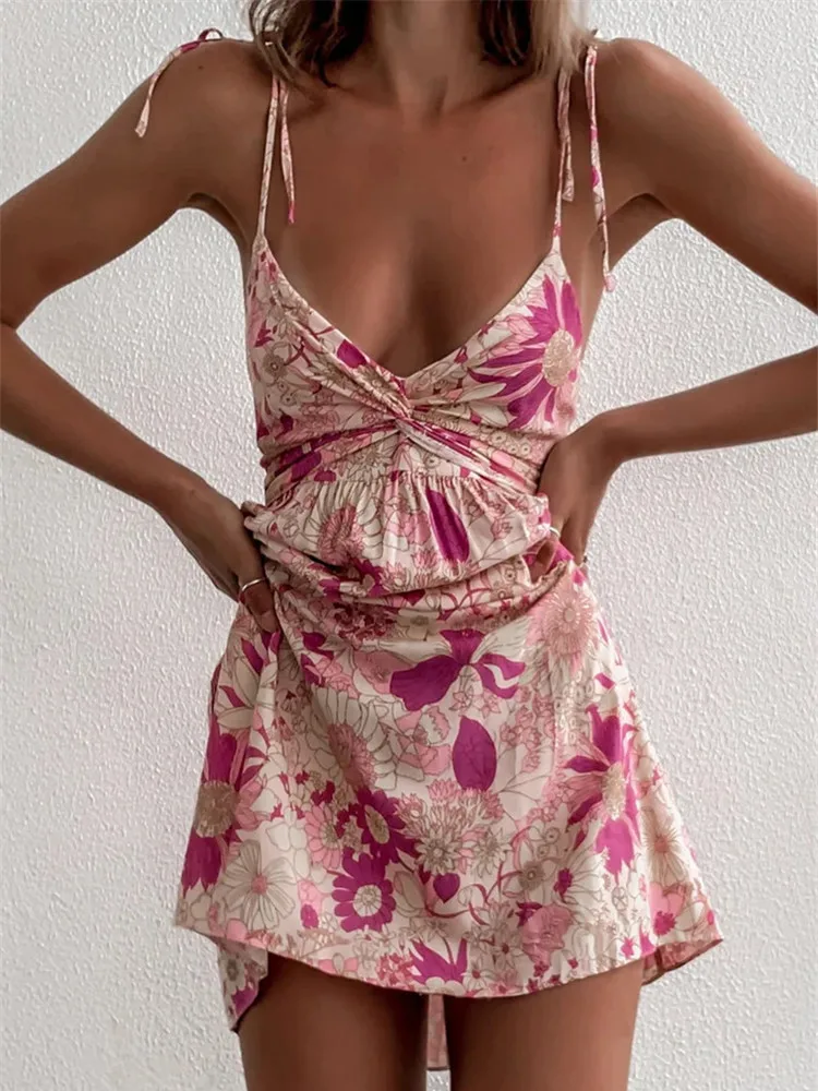 

hirigin Casual Floral Boho Elegant Dress Women Pink Flower Print Bohemian Beach Style Summer Mini Dress Ruffled Backless 2021