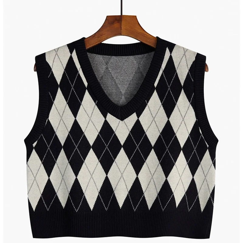 Vintage V-neck Plaid Sweater Vest Women Autumn Winter Vintage Knit Sweaters Pullover Loose Korean Knitwear Tops Pull Femme