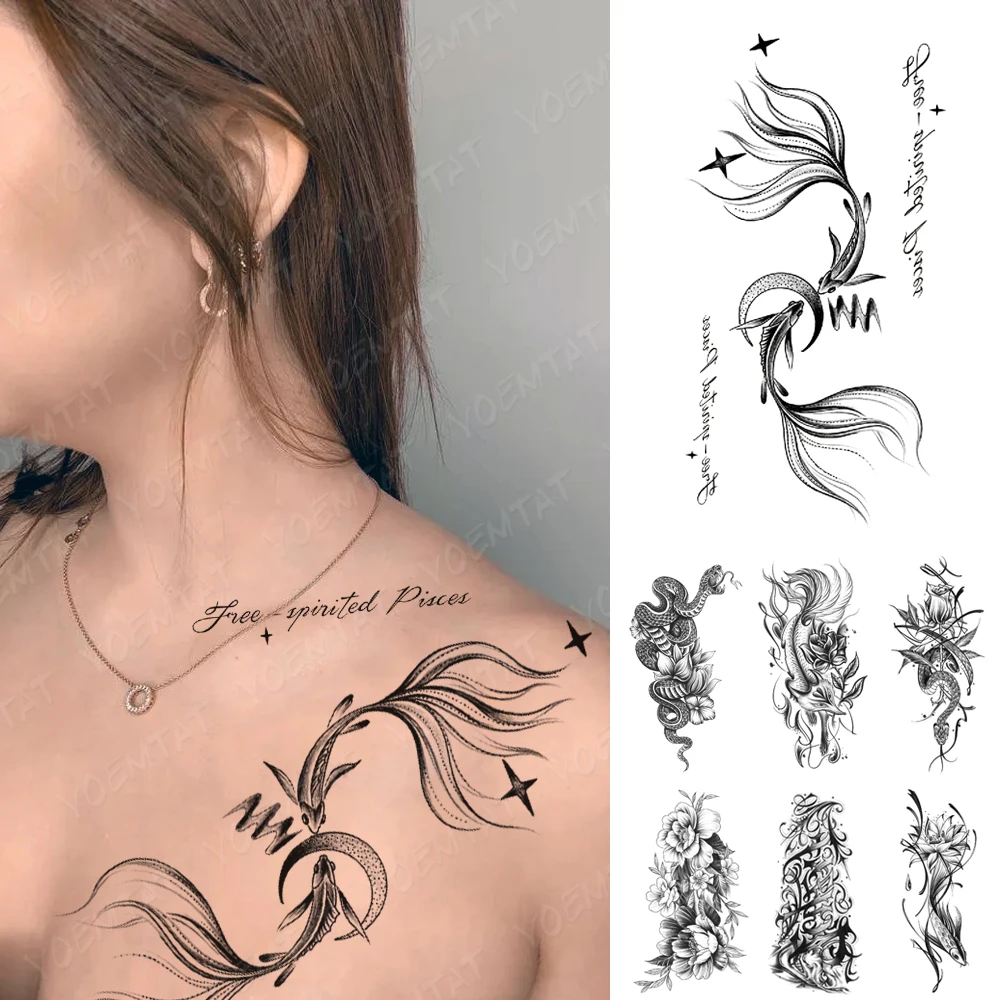

Waterproof Temporary Tattoos Sticker Goldfish Carp Moon Letter Word Text Flash Tatoo Women Arm Chest Fake Tattoo Men Body Art