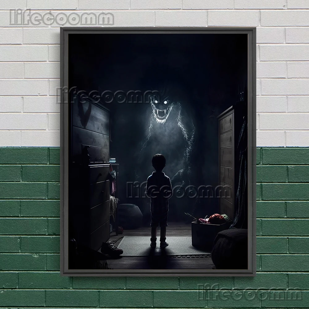 Chilling Horror Illustrations Art Poster Print - Brave Children Confront Terrifying Monsters Wall Canvas Home Decor