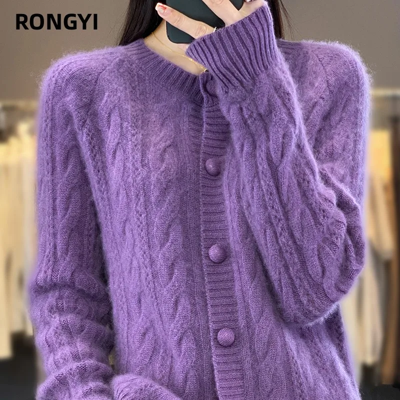 RONGYI 100% 울 캐시미어 가디건, 라지 사이즈 트위스트 코트, 하이엔드 니트웨어, 스웨터 셔츠, 루즈한 여성 두꺼운 상의, 가을 겨울 신상