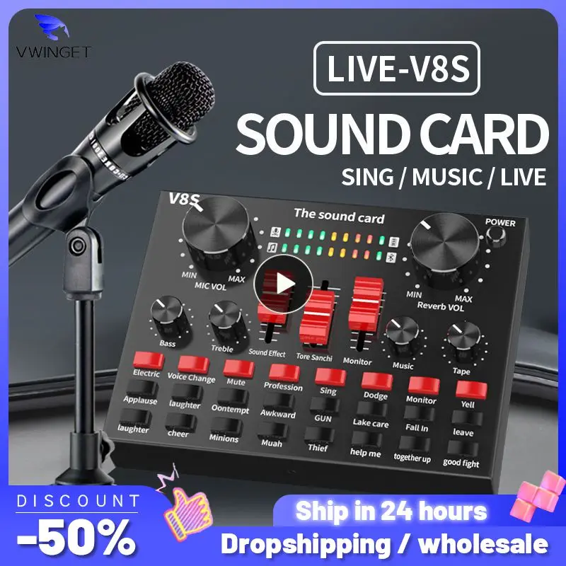 V8s 휴대폰 마이크 사운드 카드, 클리어 외장 사운드 카드, 외부 USB 웹캐스트 라이브 사운드 카드, 오디오 믹서