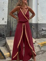 Women's Casual Purple Jumpsuit Gold Embellished Wrap Neck Split Legs High Waist Great for Bohemian Trips City Walks - Image 2